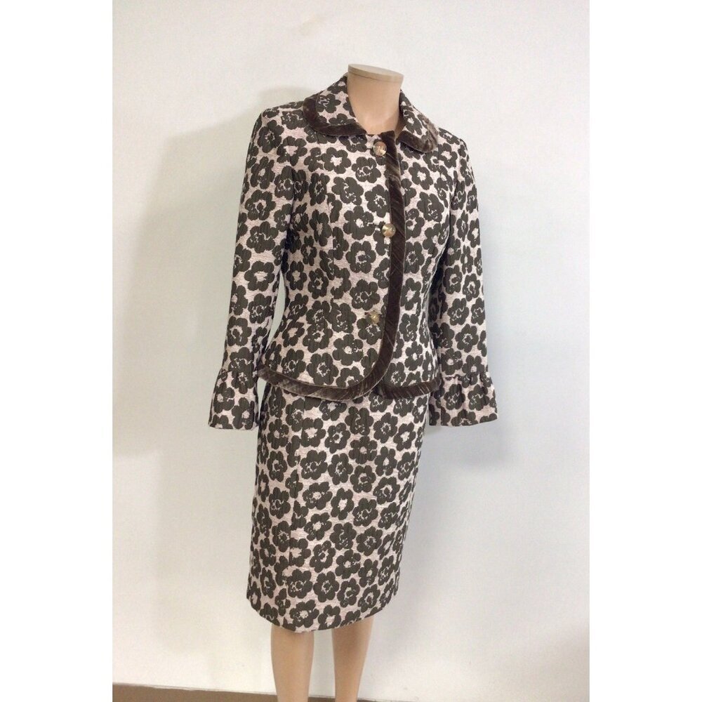 Mod Floral Skirt Suit 2 Piece Set Velvet Trim Womens 8